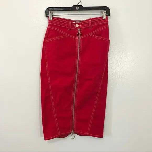 &amp; Other Stories Red Denim Stitch Zip Midi Pencil Skirt Pockets Organic Cotton 4