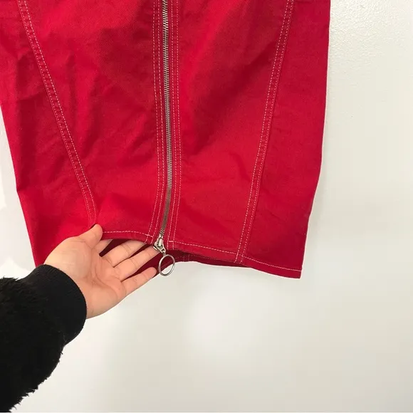 &amp; Other Stories Red Denim Stitch Zip Midi Pencil Skirt Pockets Organic Cotton 4