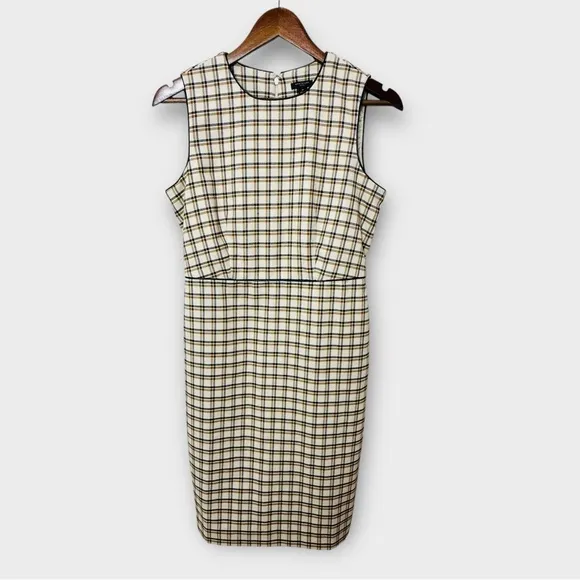Ann Taylor Petite Plaid Faux Leather Trim Sheath Dress Cream Tan Size 4P New