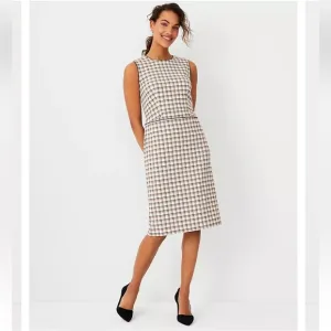Ann Taylor Petite Plaid Faux Leather Trim Sheath Dress Cream Tan Size 4P New