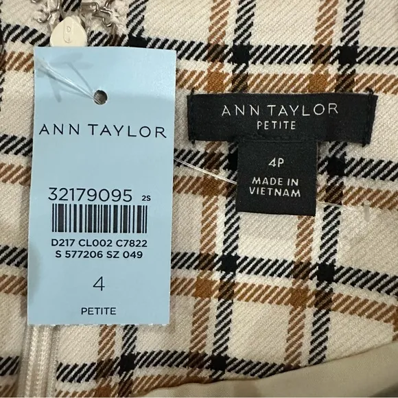 Ann Taylor Petite Plaid Faux Leather Trim Sheath Dress Cream Tan Size 4P New