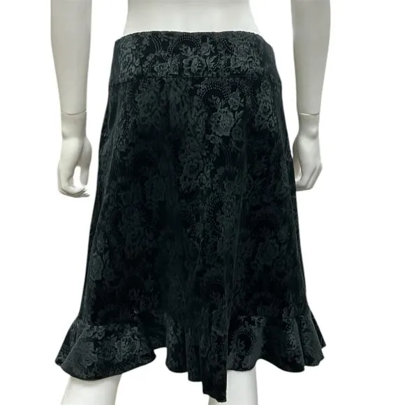 Anna Sui VTG Skirt Floral Lace Pattern in Suede with Peplum Bottom in Black