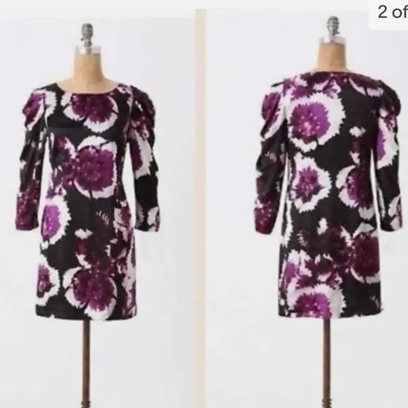 Anthropologie Leifsdottir Belvedere Puff Sleeve Sheath Dress Floral Purple Siz 4