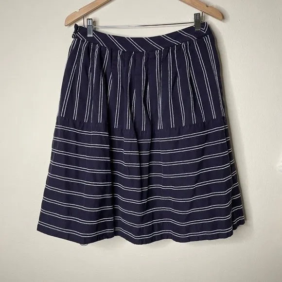 Anthropologie Maeve Nubby Stripes Skirt Navy Blue White Pockets Size 12