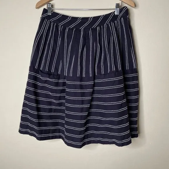 Anthropologie Maeve Nubby Stripes Skirt Navy Blue White Pockets Size 12