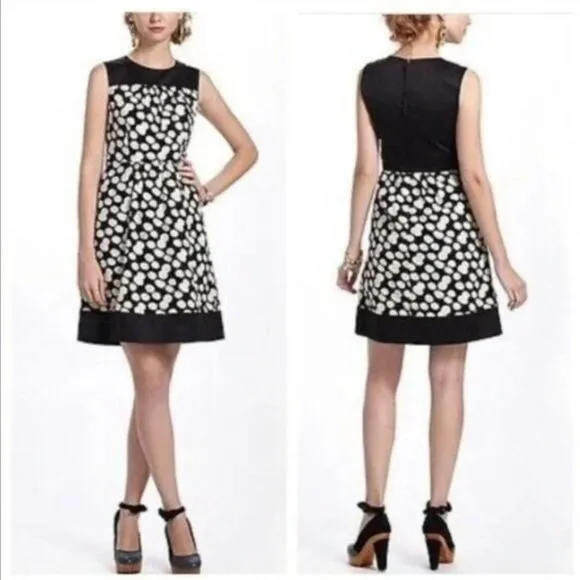 Anthropologie Notched Dots Dress by Leifnotes Black Cream Size 8
