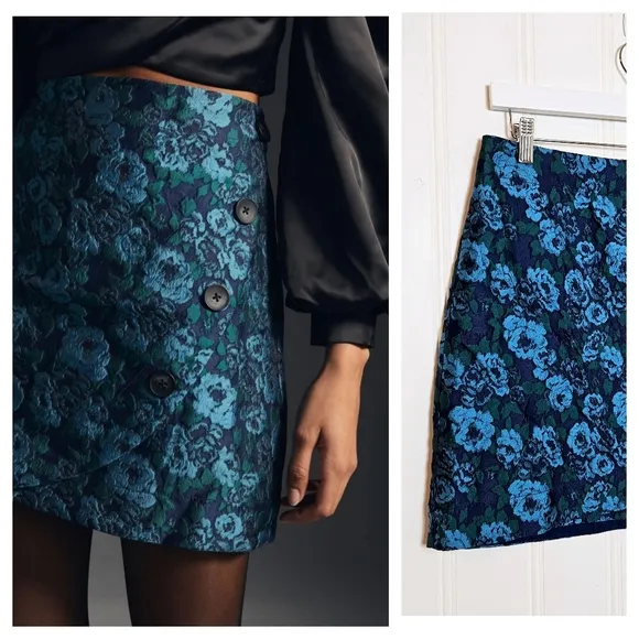 Anthropologie Skirt Womens Size 6 Maeve Blue Jacquard Floral Print Pencil Skirt