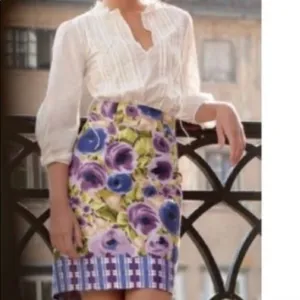 Anthropologie Yonana Baraschi Purple/Green Floral Plaid Pencil Skirt