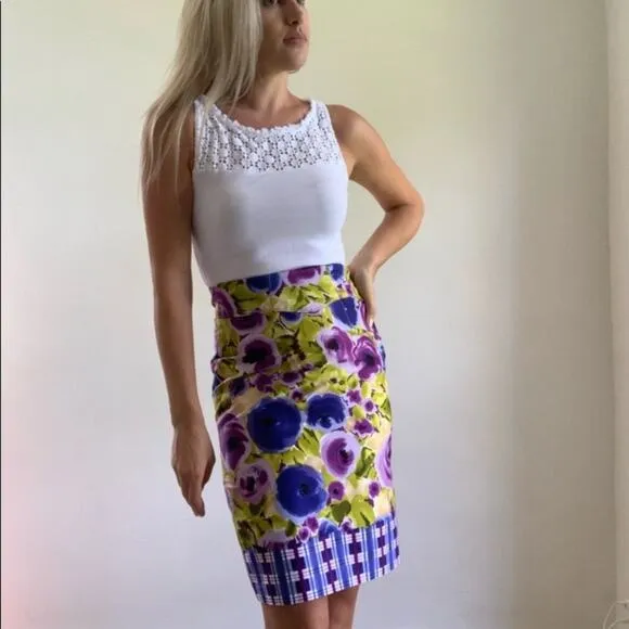 Anthropologie Yonana Baraschi Purple/Green Floral Plaid Pencil Skirt