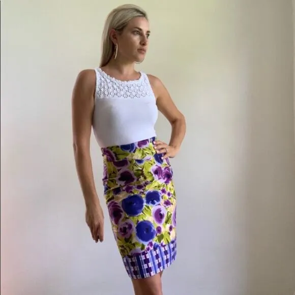 Anthropologie Yonana Baraschi Purple/Green Floral Plaid Pencil Skirt