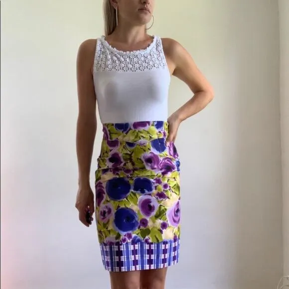 Anthropologie Yonana Baraschi Purple/Green Floral Plaid Pencil Skirt