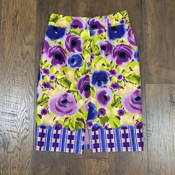 Anthropologie Yonana Baraschi Purple/Green Floral Plaid Pencil Skirt