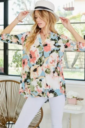 Aqua Floral Roll Up Sleeve Blouse