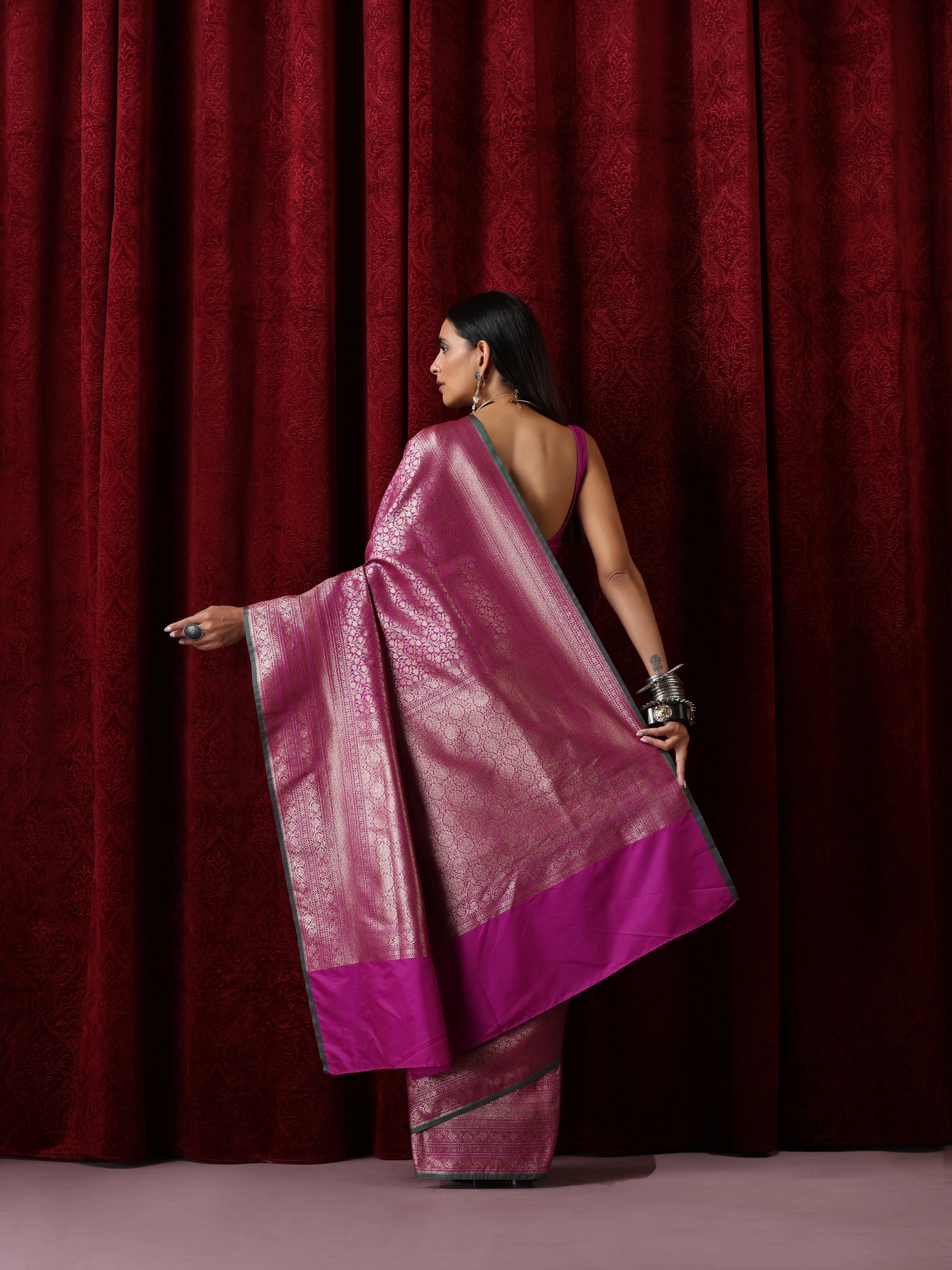 Banarasi Purple Green Jaal Silk Saree with Blouse Fabric