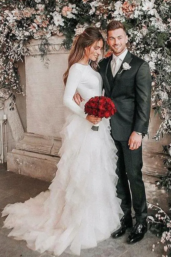 Bateau A-Line Long Sleeves High Neck Ruffles Tulle Elegant Wedding Dress,MW430
