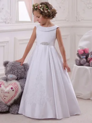 Bateau Neck Satin Fabric Sleeveless Floor Length A-Line Bows Kids Social Party Dresses