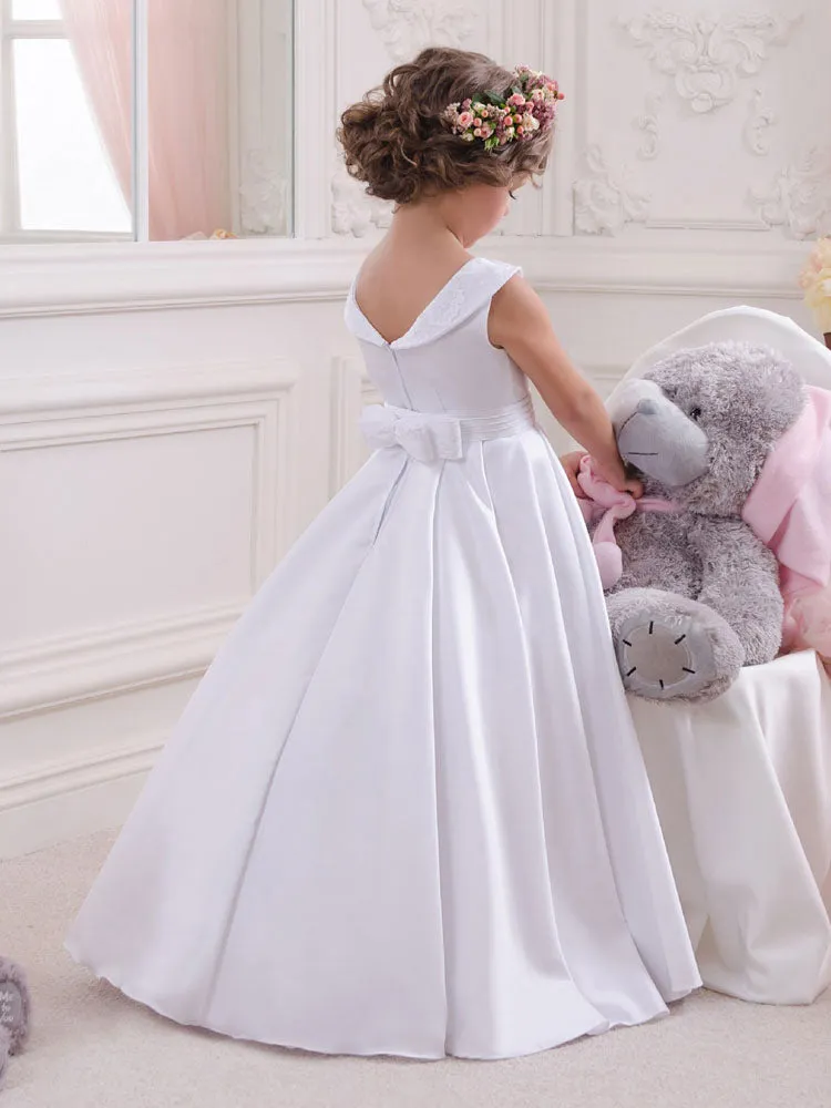 Bateau Neck Satin Fabric Sleeveless Floor Length A-Line Bows Kids Social Party Dresses