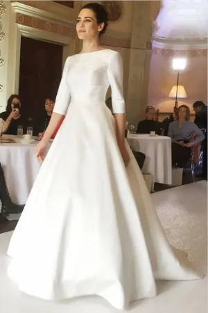 Bateau Satin Modest Wedding Dress with Sleeves