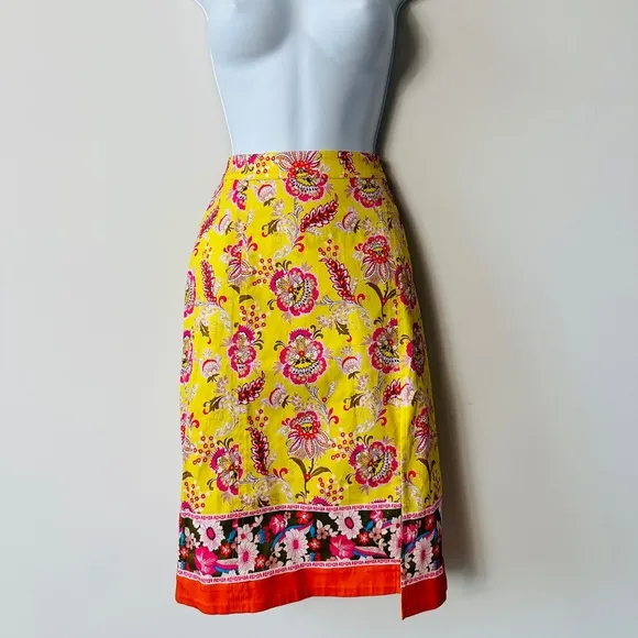 Beautiful Yellow Floral &amp; Paisley Print Front Split Pencil Skirt By Maeve Size 4