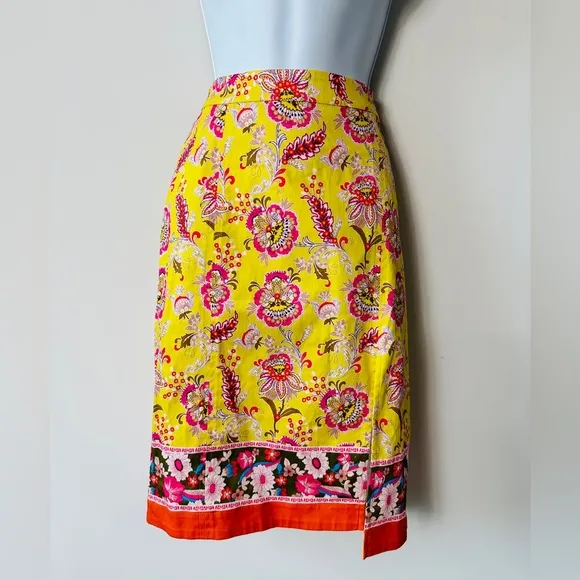 Beautiful Yellow Floral &amp; Paisley Print Front Split Pencil Skirt By Maeve Size 4