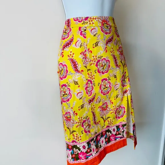 Beautiful Yellow Floral &amp; Paisley Print Front Split Pencil Skirt By Maeve Size 4