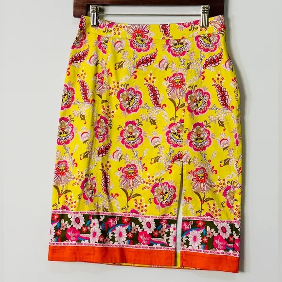 Beautiful Yellow Floral &amp; Paisley Print Front Split Pencil Skirt By Maeve Size 4
