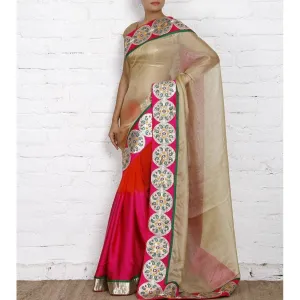 Beige & Pink Kota Silk Saree