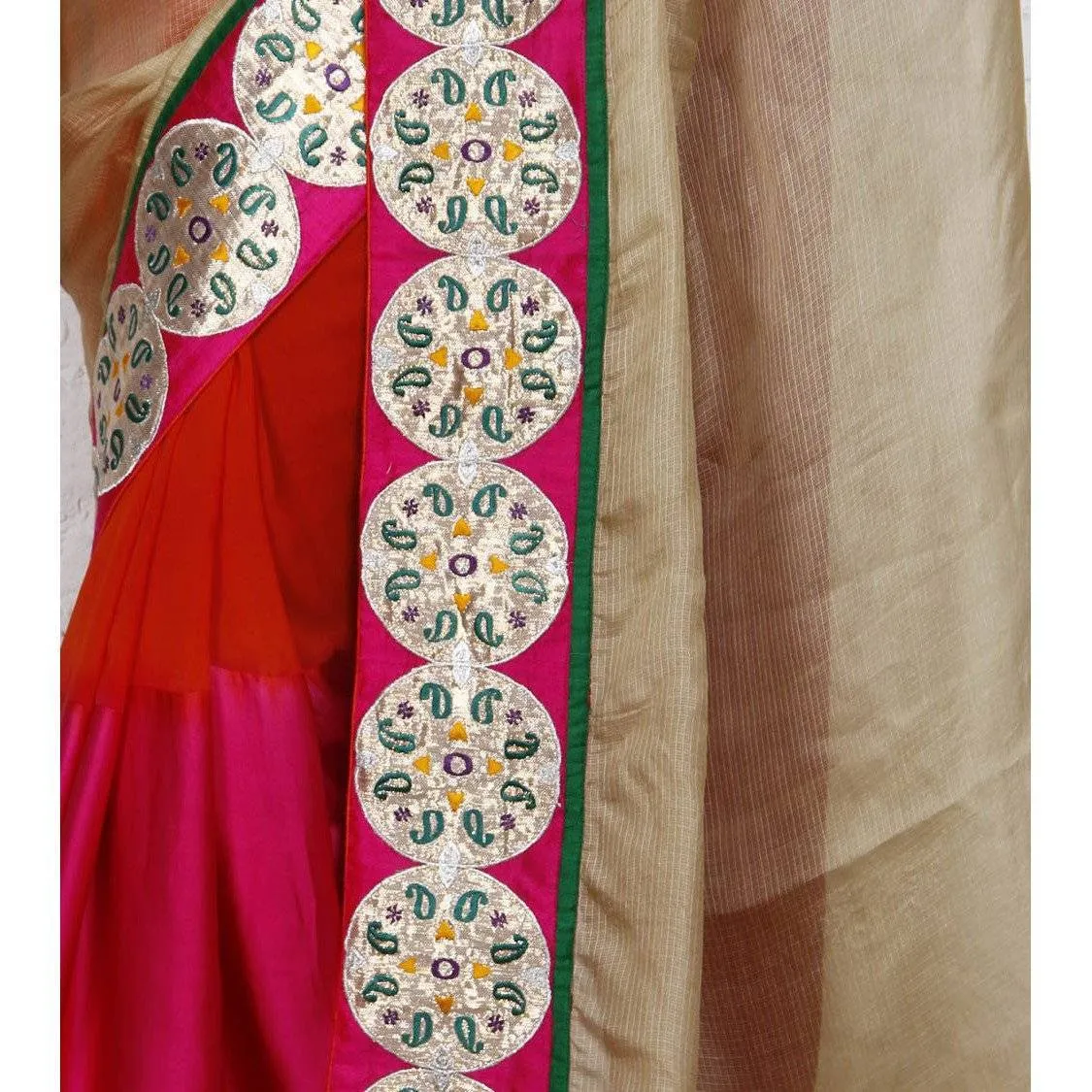 Beige & Pink Kota Silk Saree