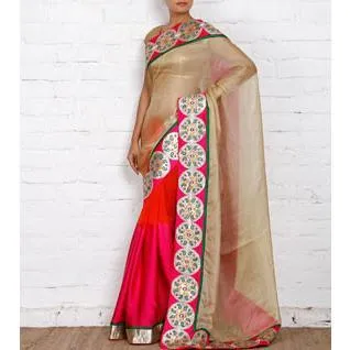Beige & Pink Kota Silk Saree