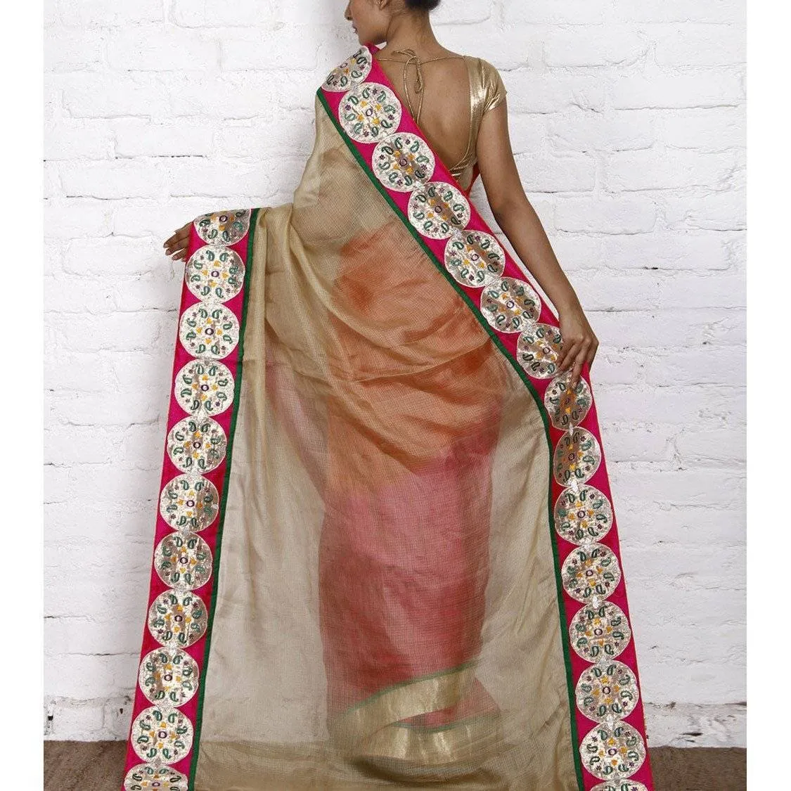 Beige & Pink Kota Silk Saree