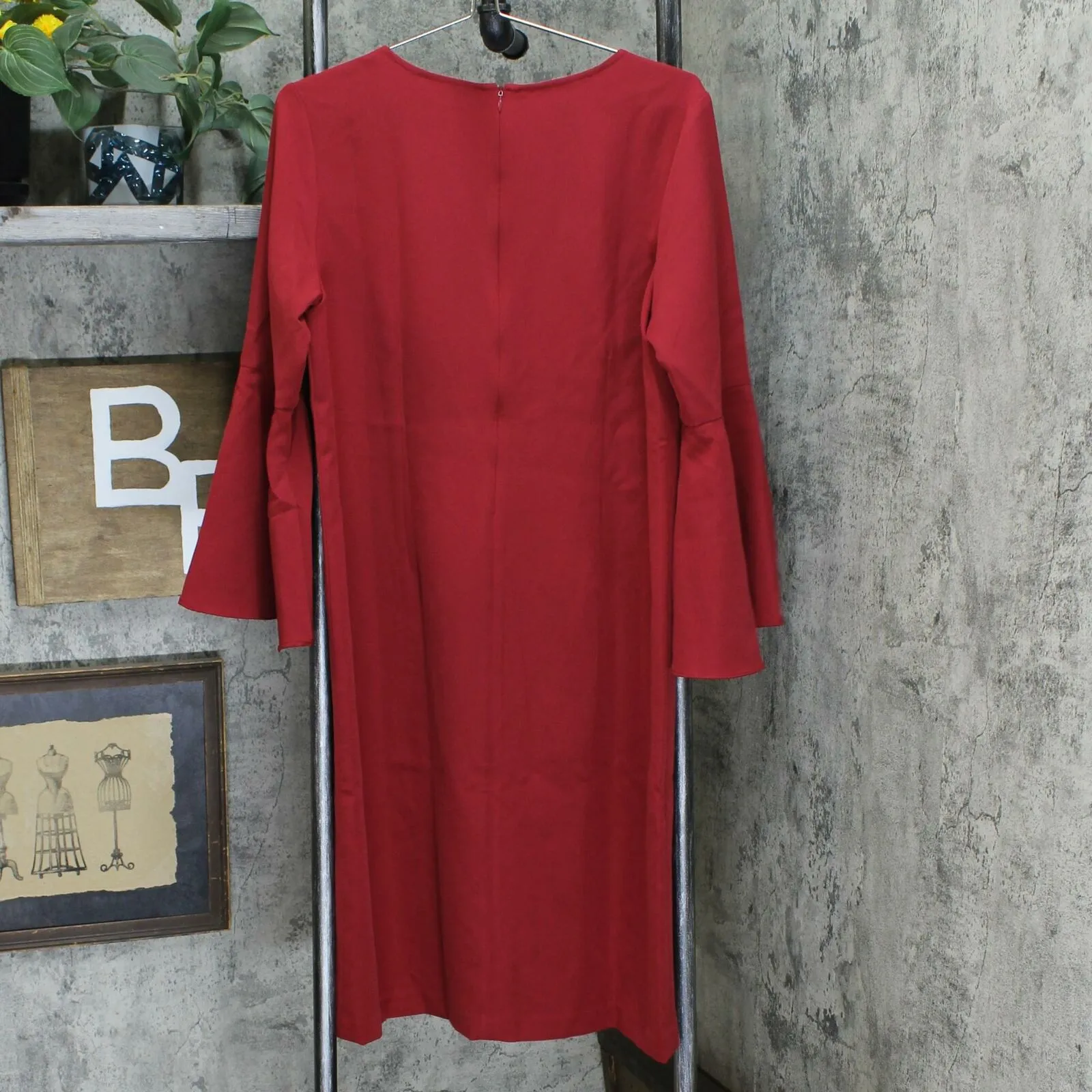 Belle by Kim Gravel Women's V Neck Dress With Bell Sleeves Claret Red Medium