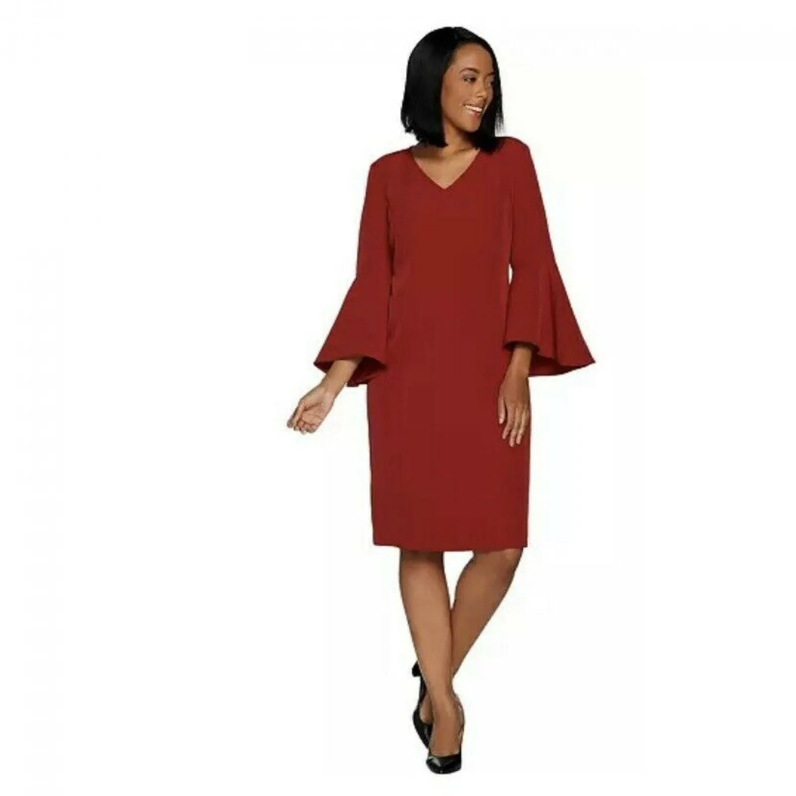Belle by Kim Gravel Women's V Neck Dress With Bell Sleeves Claret Red Medium