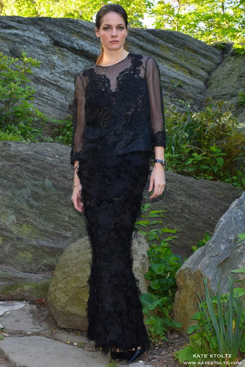 Black Feathery Pillar Skirt
