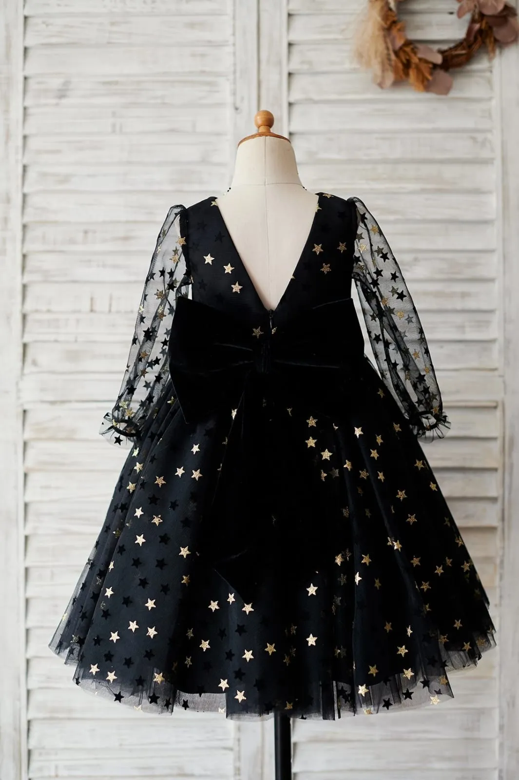 Black Gold Star Tulle V Back Long Sleeves Wedding Flower Girl Dress