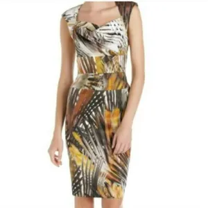 Black Halo Catherine Jackie O Palm Safari Midi Sheath Dress Brown Women's Size 6