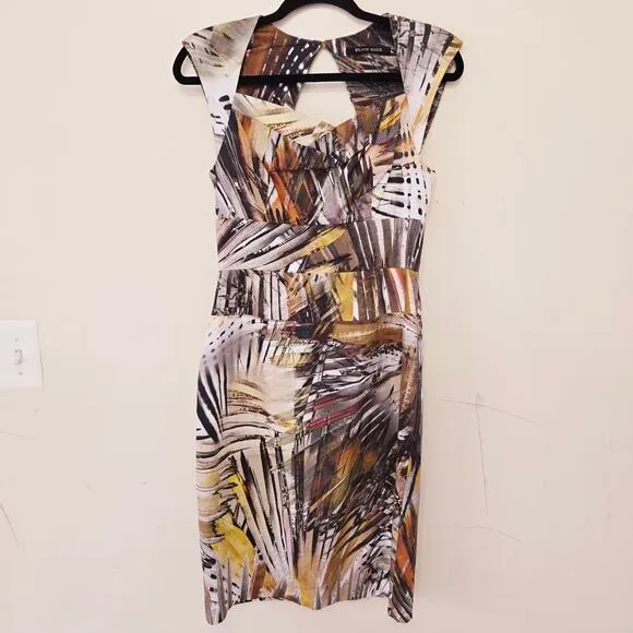 Black Halo Catherine Jackie O Palm Safari Midi Sheath Dress Brown Women's Size 6