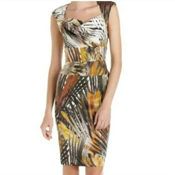 Black Halo Catherine Jackie O Palm Safari Midi Sheath Dress Brown Women's Size 6