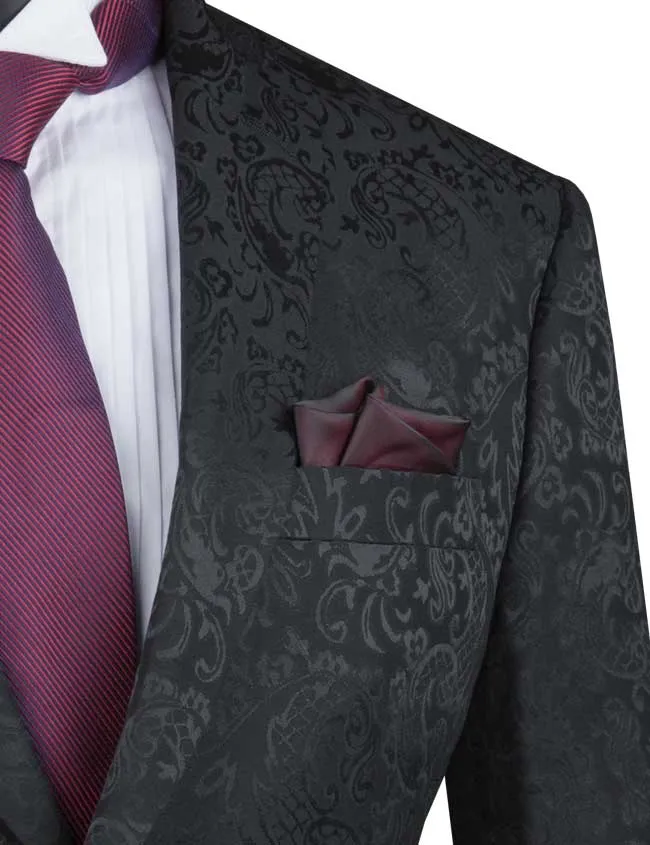 Black Tone on Tone Paisley Pattern Slim Fit Men's 2 Piece Suit 2 Button