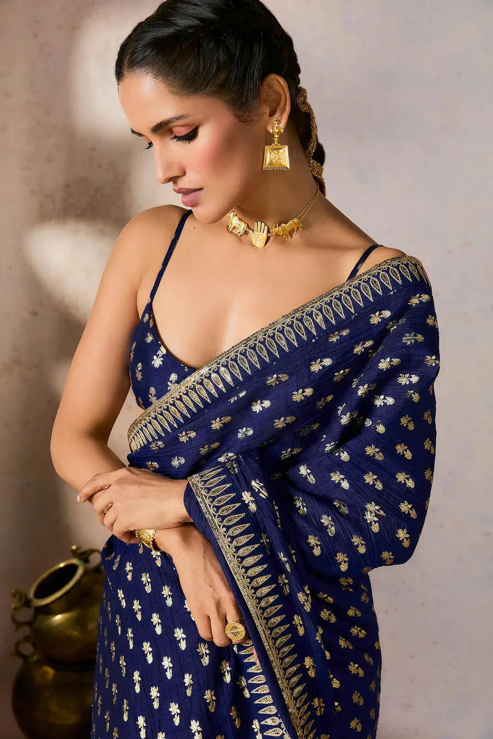 Blue Whispering Lily Crush Saree w/Blouse - Ready To Ship