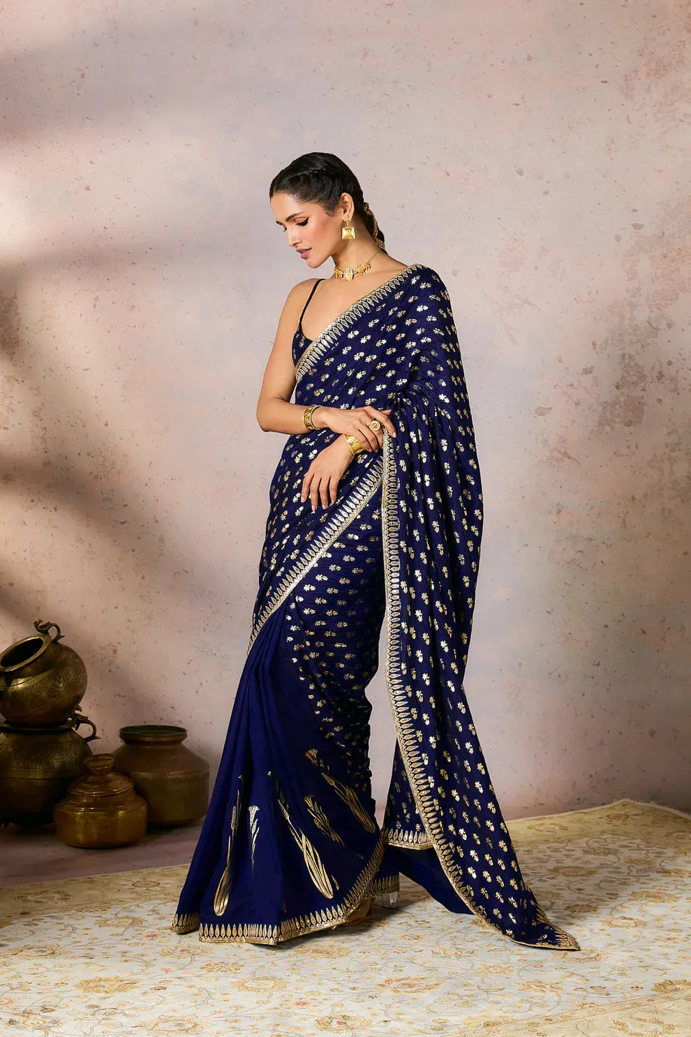 Blue Whispering Lily Crush Saree w/Blouse - Ready To Ship