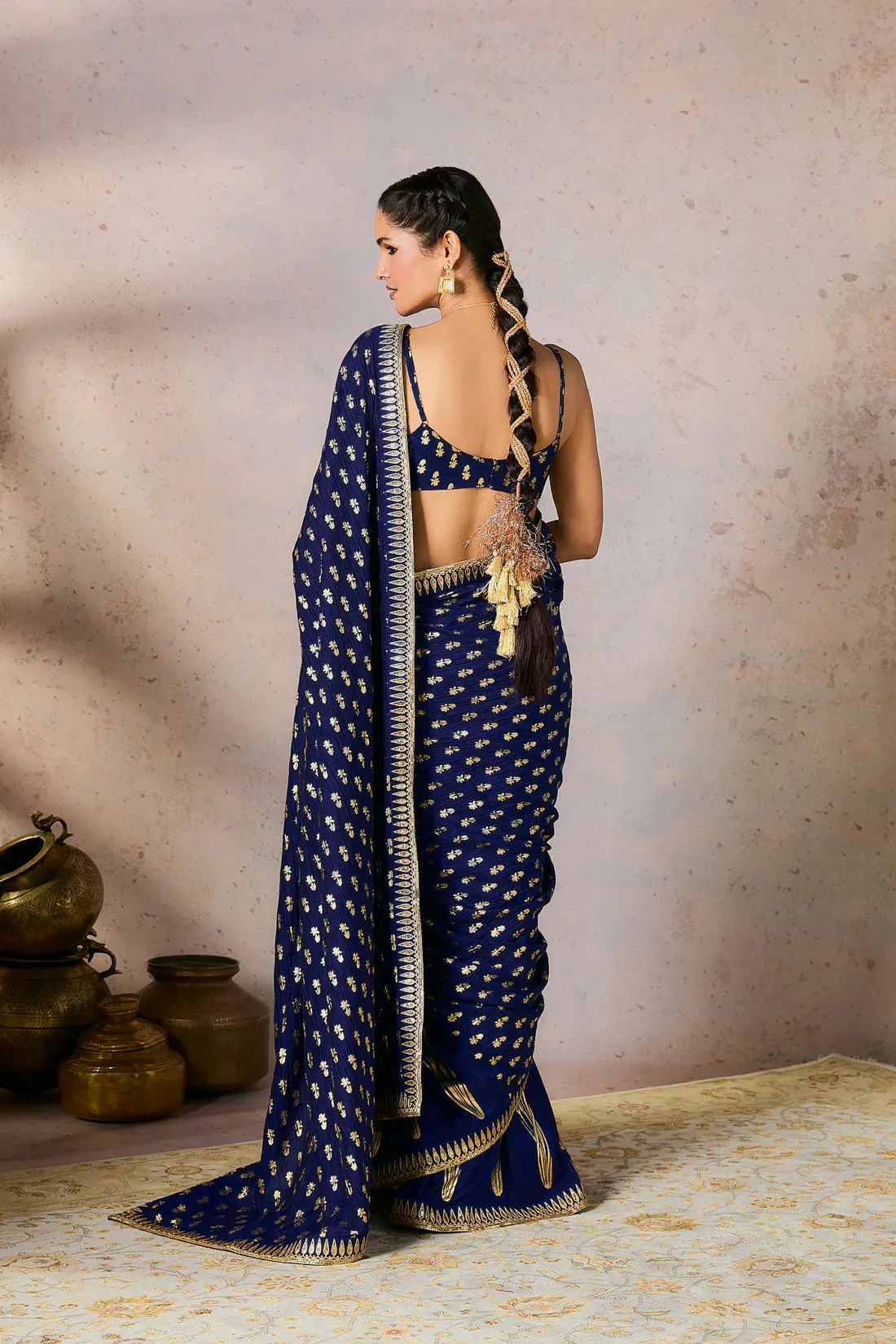 Blue Whispering Lily Crush Saree w/Blouse - Ready To Ship