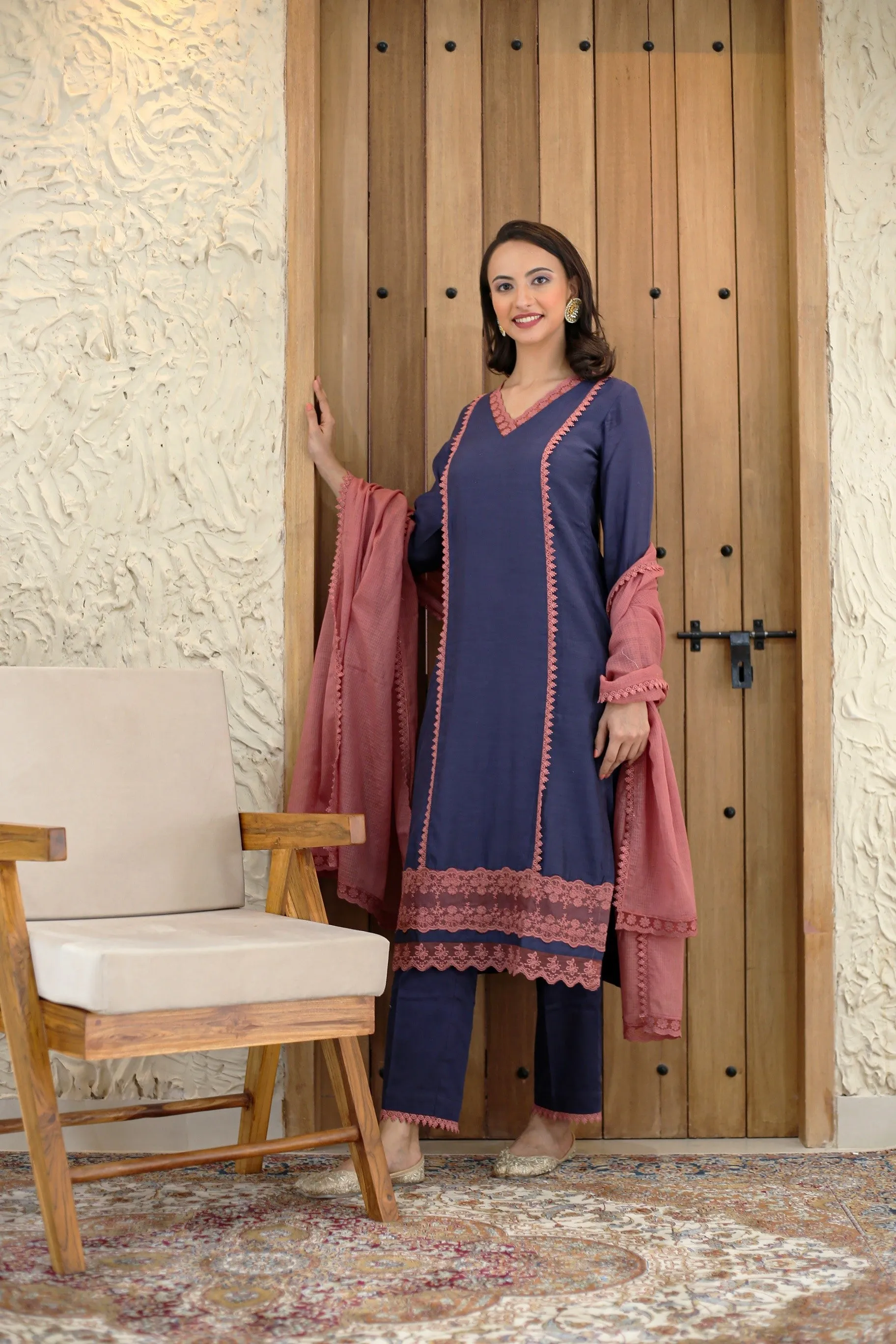 Blue With Pink Muslin Embroidered Ready To Wear Kurta Set With Pant With Kota Dupatta