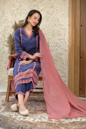 Blue With Pink Muslin Embroidered Ready To Wear Kurta Set With Pant With Kota Dupatta