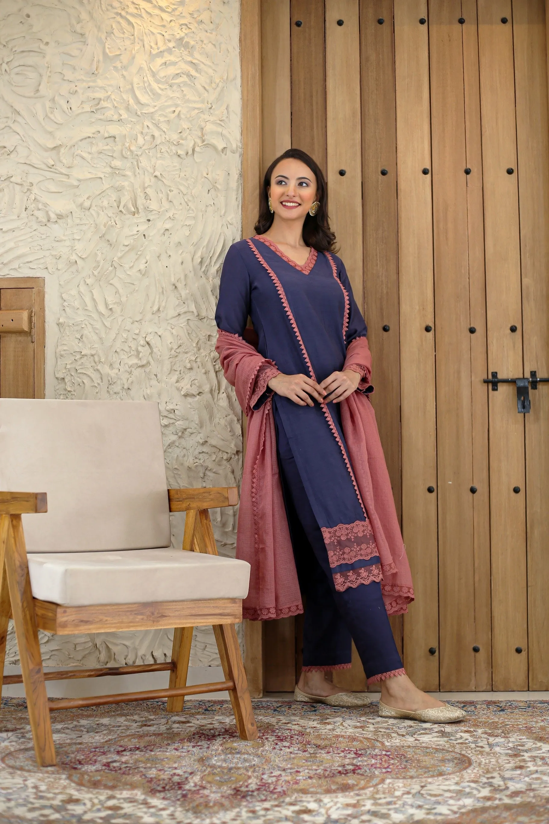 Blue With Pink Muslin Embroidered Ready To Wear Kurta Set With Pant With Kota Dupatta