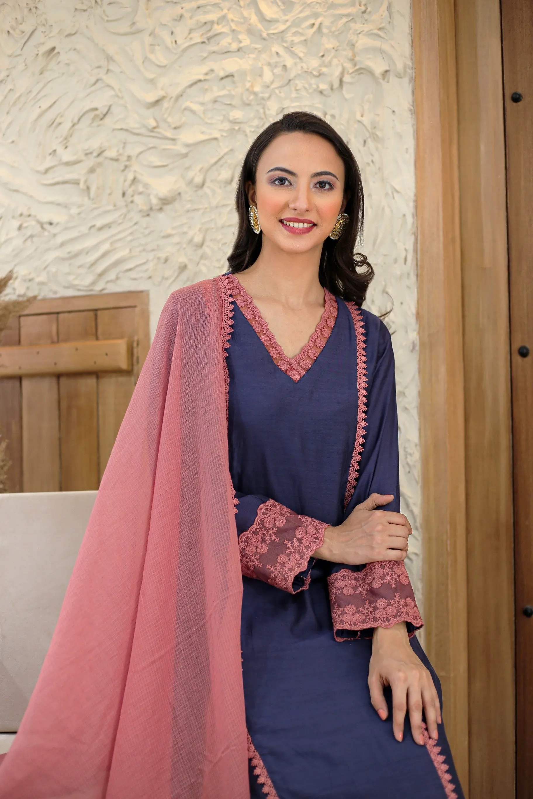 Blue With Pink Muslin Embroidered Ready To Wear Kurta Set With Pant With Kota Dupatta