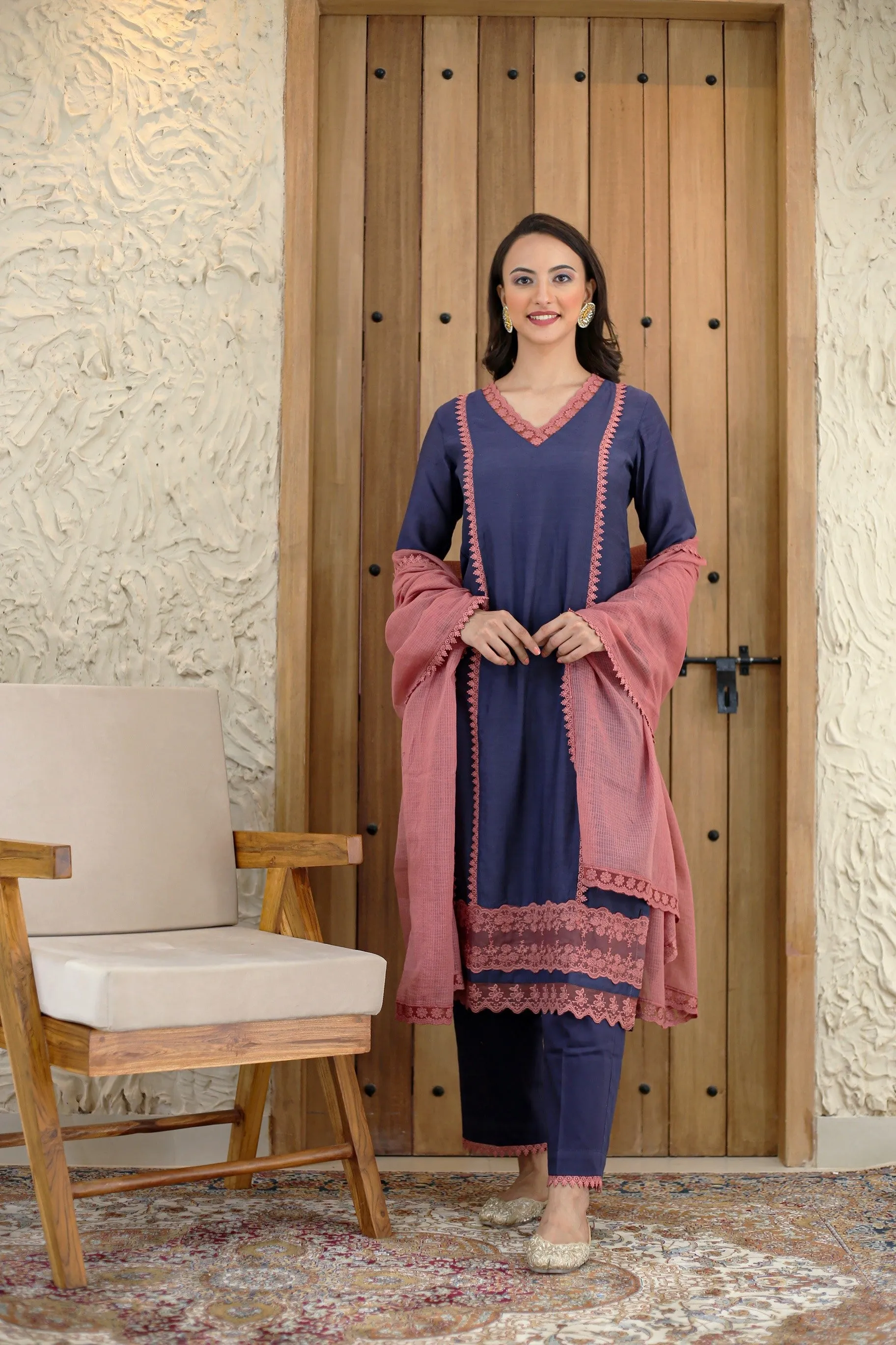 Blue With Pink Muslin Embroidered Ready To Wear Kurta Set With Pant With Kota Dupatta