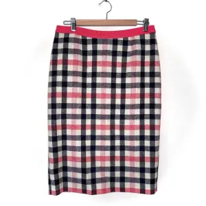 Boden British Mallalieus Tweed Coral Blue Check Wool Pencil Skirt UK 12L US 8L
