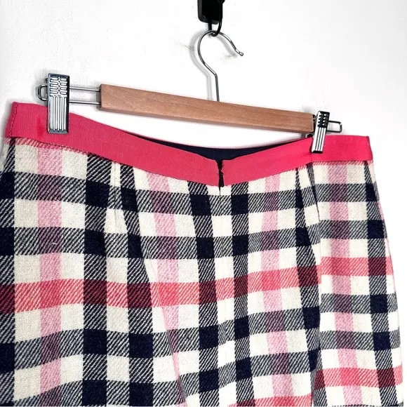 Boden British Mallalieus Tweed Coral Blue Check Wool Pencil Skirt UK 12L US 8L