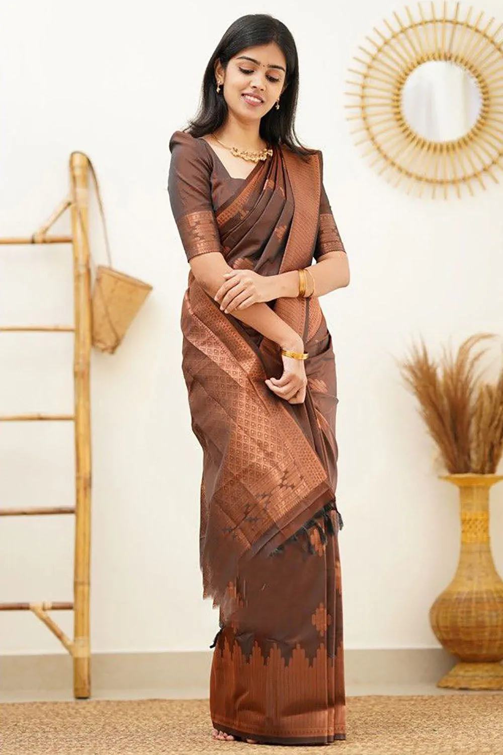 Brown Banarasi Silk Saree With Zari Weaving Work