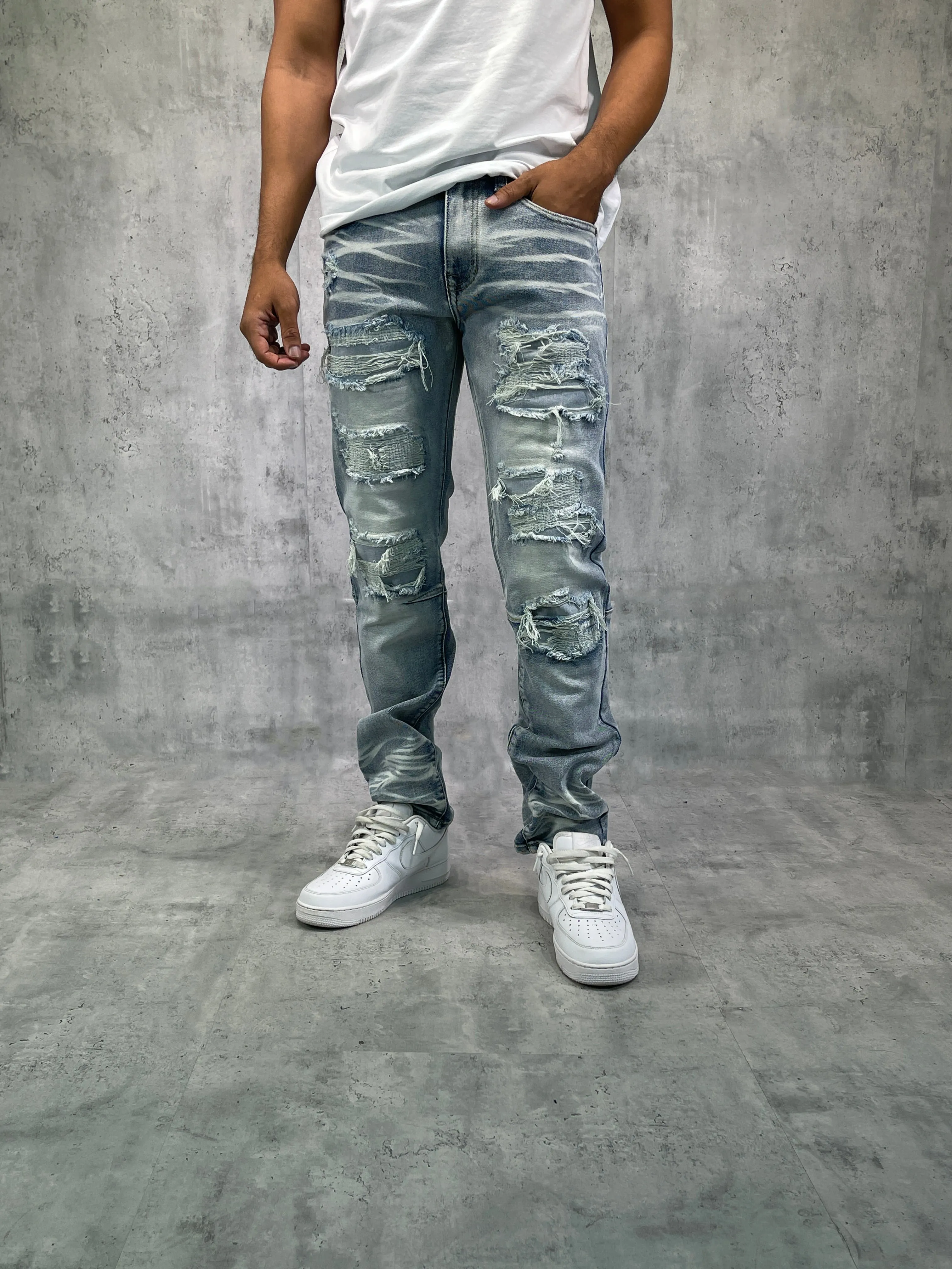 BTP23087: Rip & Repair Slim Fit Denim Pants